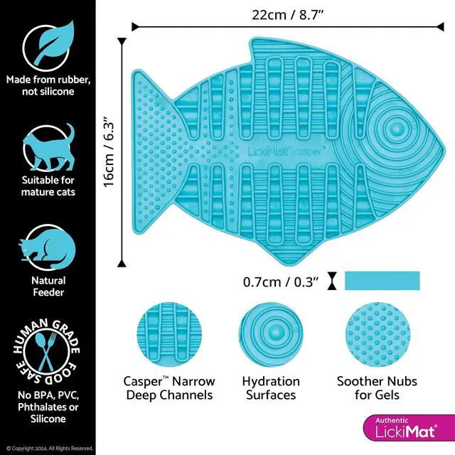Alt view image 2 of 6 - LickiMat Casper, Fish-Shaped Cat Slow Feeders Lick Mat, Boredom Anxiety Reducer; Perfect for Food, Treats, Yogurt, or Peanut Butter. Fun Alternative to a Slow Feed Cat Bowl or Dish, Turquoise