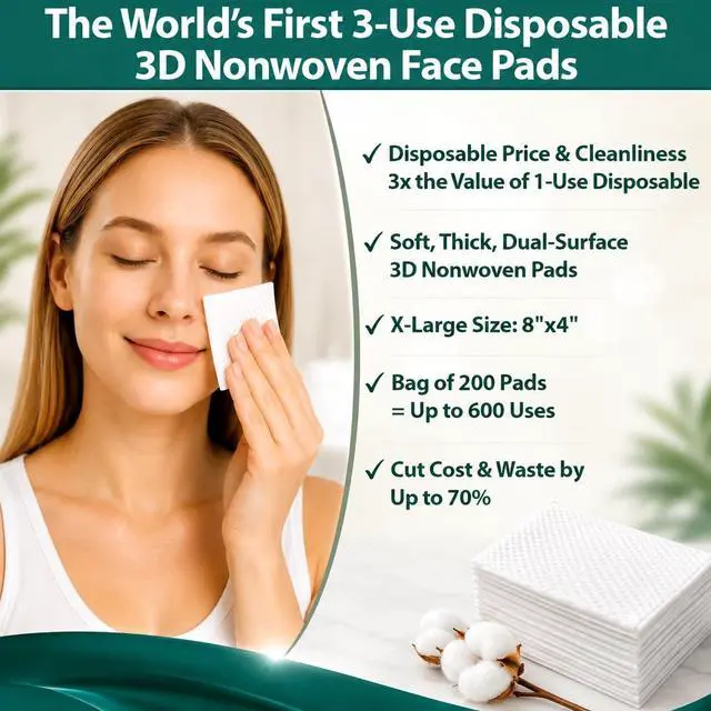 Alt view image 2 of 7 - Nonwoven Cotton Face Pads (2XL 8"x4") 200Cts (600 Uses), Cut Cost & Disposal Waste by 70%, Ultra Thick Soft & Durable, No Lint & Tearing Even Stretched, Ideal for Makeup Removal