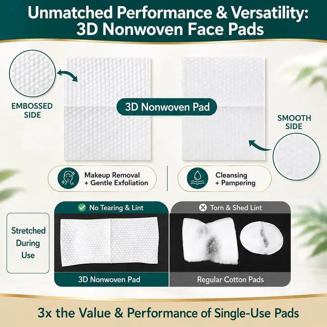 Alt view image 3 of 7 - Nonwoven Cotton Face Pads (2XL 8"x4") 200Cts (600 Uses), Cut Cost & Disposal Waste by 70%, Ultra Thick Soft & Durable, No Lint & Tearing Even Stretched, Ideal for Makeup Removal