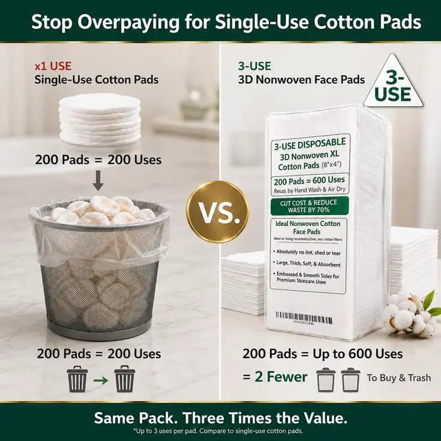 Alt view image 7 of 7 - Nonwoven Cotton Face Pads (2XL 8"x4") 200Cts (600 Uses), Cut Cost & Disposal Waste by 70%, Ultra Thick Soft & Durable, No Lint & Tearing Even Stretched, Ideal for Makeup Removal