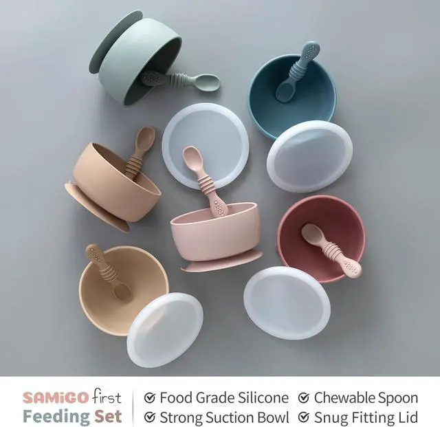 Alt view image 3 of 7 - SAMiGO Silicone Suction Baby Bowl and Spoon Set with Lid for Self Feeding | 6-12 Months, Infant First Stage Food Set, Starting Solids Must Haves, Baby Feeding Eating Essentials, Led Weaning Supplies