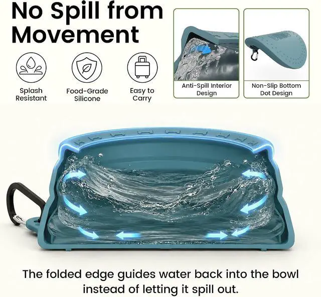 Alt view image 2 of 7 - OHMO Spill Proof Collapsible Dog Bowl, 24oz Portable Dog Water Bowl | Low Center Gravity Stability, Tapered Splash Control, Foldable Cat Bowl, Dishwasher Safe, Dog Travel Essential, Light Blue