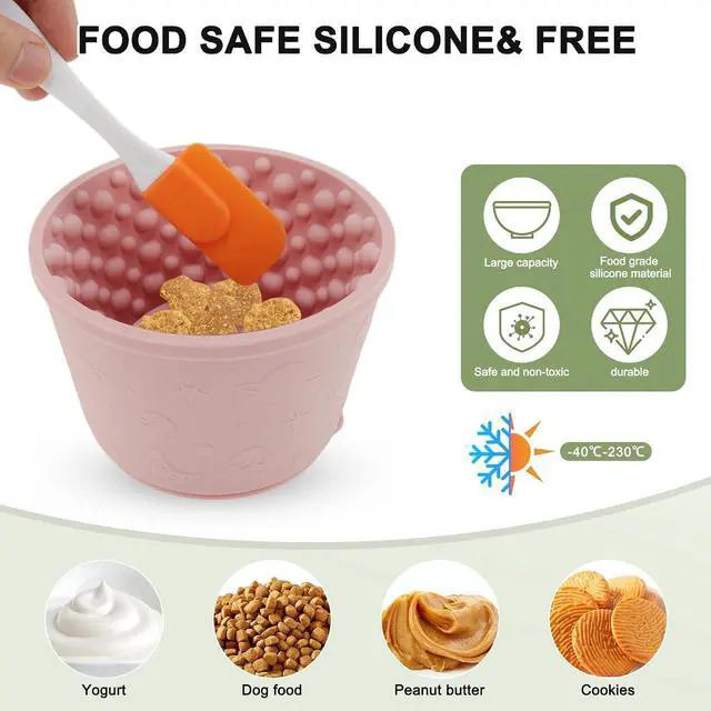 Alt view image 3 of 7 - Slow Feeder Dog Bowls, Silicone Dog Lick Bowl with Brush & Scraper, Non-Slip Base Slow Feeder for Anxiety Alleviating & Oral Health, Pinkish Purple