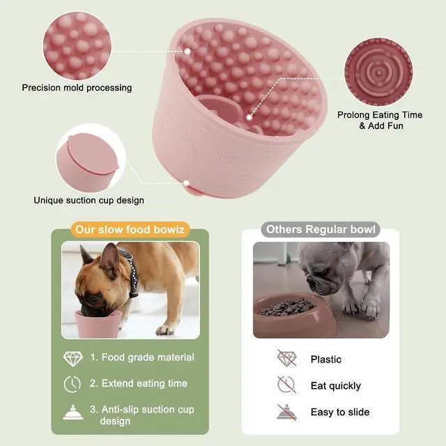 Alt view image 6 of 7 - Slow Feeder Dog Bowls, Silicone Dog Lick Bowl with Brush & Scraper, Non-Slip Base Slow Feeder for Anxiety Alleviating & Oral Health, Pinkish Purple