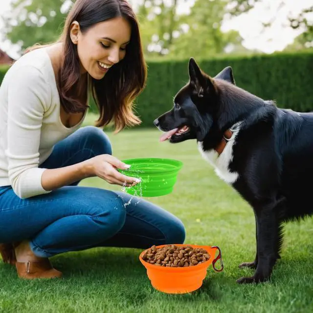 Alt view image 2 of 6 - Dog Bowl Travel Collapsible Bowls 2 Pack, Portable Foldable Cats Dogs Water Dish Puppy Bowl (Orange 172 + Fluorescent Green)