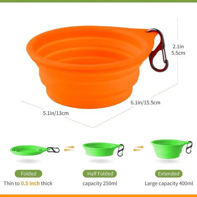Alt view image 5 of 6 - Dog Bowl Travel Collapsible Bowls 2 Pack, Portable Foldable Cats Dogs Water Dish Puppy Bowl (Orange 172 + Fluorescent Green)
