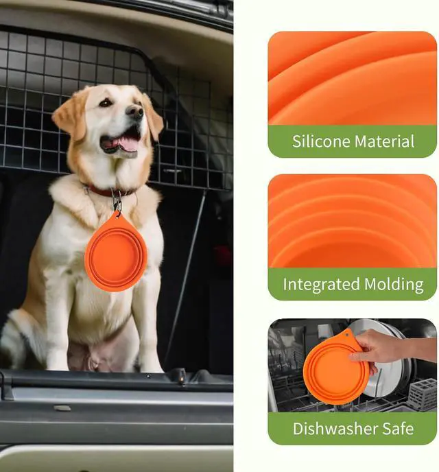 Alt view image 6 of 6 - Dog Bowl Travel Collapsible Bowls 2 Pack, Portable Foldable Cats Dogs Water Dish Puppy Bowl (Orange 172 + Fluorescent Green)