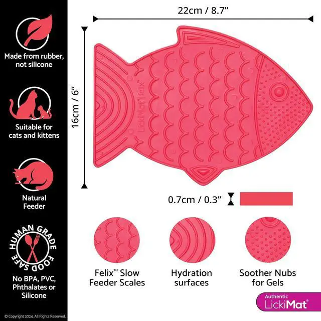 Alt view image 2 of 5 - LickiMat Felix, Fish-Shaped Cat Slow Feeders Lick Mat, Boredom Anxiety Reducer; Perfect for Food, Treats, Yogurt, or Peanut Butter. Fun Alternative to a Slow Feed Cat Bowl or Dish, Pink