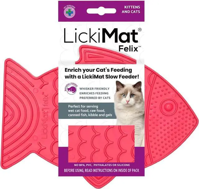 Main image of LickiMat Felix, Fish-Shaped Cat Slow Feeders Lick Mat, Boredom Anxiety Reducer; Perfect for Food, Treats, Yogurt, or Peanut Butter. Fun Alternative to a Slow Feed Cat Bowl or Dish, Pink