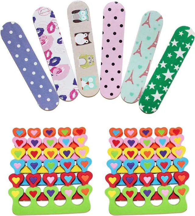 Main image of 6 Pieces Colorful Girly Mini Emery Nail Files + 6 Pairs Heart Design Toe Separators Manicure/Pedicure Kit Kid Spa Party (Pack of 1)
