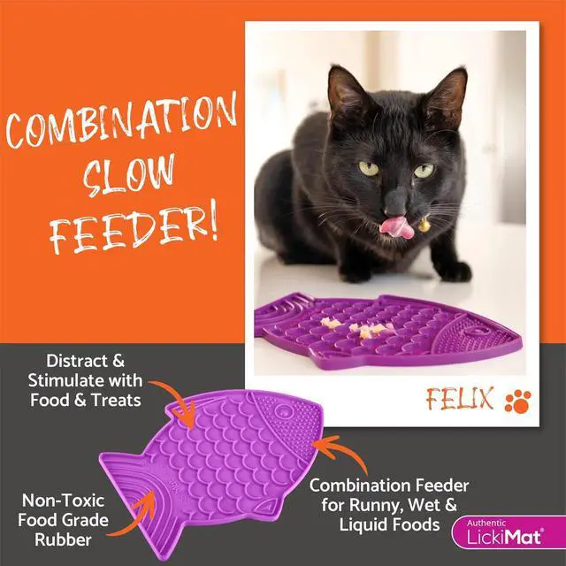 Alt view image 5 of 5 - LickiMat Felix, Fish-Shaped Cat Slow Feeders Lick Mat, Boredom Anxiety Reducer; Perfect for Food, Treats, Yogurt, or Peanut Butter. Fun Alternative to a Slow Feed Cat Bowl or Dish, Pink
