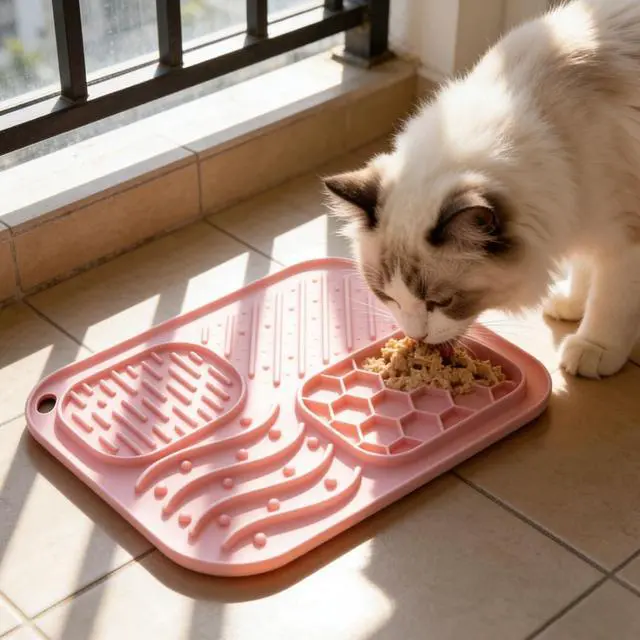 Alt view image 6 of 7 - Lick Mat for Cat & Puppy, Premium Silicone SlowFeeder Bowl, BPAFree, FoodGrade, SuctionCup Design for Dry & Wet Food Anxiety & Boredom Relief, Dishwasher & Freezer Safe, Pink