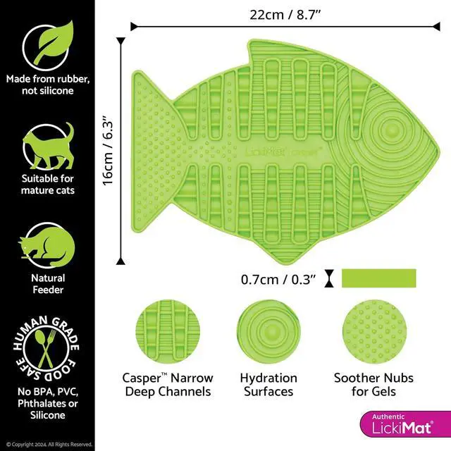 Alt view image 2 of 7 - LickiMat Casper, Fish-Shaped Cat Slow Feeders Lick Mat, Boredom Anxiety Reducer; Perfect for Food, Treats, Yogurt, or Peanut Butter. Fun Alternative to a Slow Feed Cat Bowl or Dish, Green