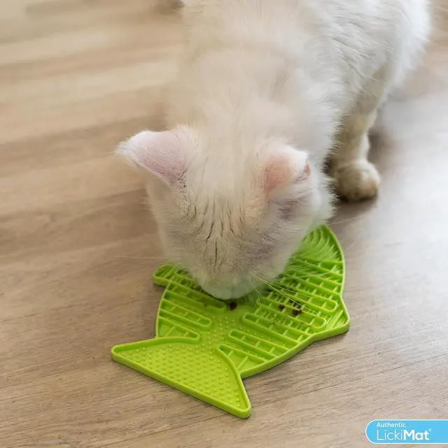 Alt view image 6 of 7 - LickiMat Casper, Fish-Shaped Cat Slow Feeders Lick Mat, Boredom Anxiety Reducer; Perfect for Food, Treats, Yogurt, or Peanut Butter. Fun Alternative to a Slow Feed Cat Bowl or Dish, Green