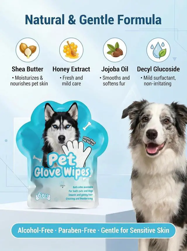 Alt view image 3 of 7 - Pet Glove Wipes, Dual Sides Deodorizing Hypoallergenic No-Rinse Grooming Mitts with Natural Extracts Bath Cleaning for Dogs, Cats, Rabbits