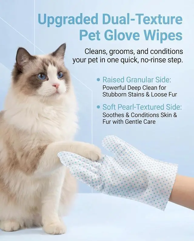 Alt view image 4 of 7 - Pet Glove Wipes, Dual Sides Deodorizing Hypoallergenic No-Rinse Grooming Mitts with Natural Extracts Bath Cleaning for Dogs, Cats, Rabbits