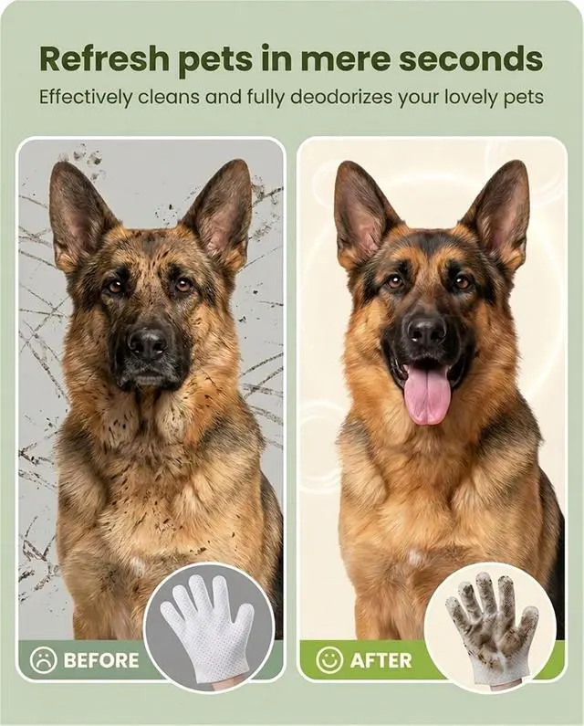 Alt view image 5 of 7 - Pet Glove Wipes, Dual Sides Deodorizing Hypoallergenic No-Rinse Grooming Mitts with Natural Extracts Bath Cleaning for Dogs, Cats, Rabbits