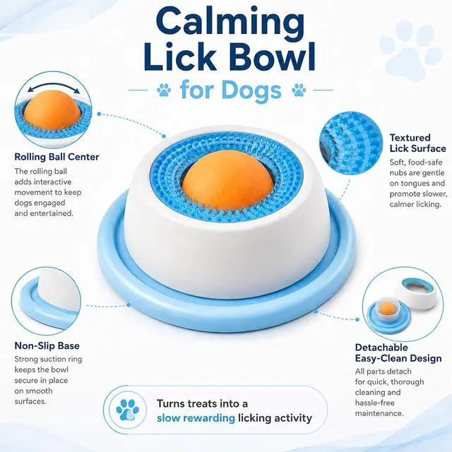 Alt view image 2 of 7 - Dog Lick Bowl with Rolling Ball,Lick Bowl for Dogs for Wet Food,Yogurt,Bone Broth&Peanut Butter.Non-Slip Rolling Ball Dog Lick Bowl,Slow Feeder Dog Bowl Enrichment Toy for Dogs&Cats(Blue)