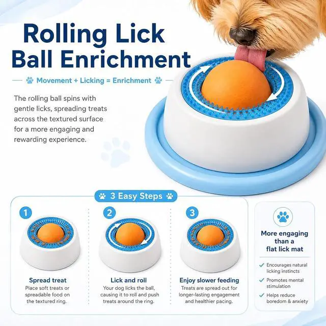 Alt view image 5 of 7 - Dog Lick Bowl with Rolling Ball,Lick Bowl for Dogs for Wet Food,Yogurt,Bone Broth&Peanut Butter.Non-Slip Rolling Ball Dog Lick Bowl,Slow Feeder Dog Bowl Enrichment Toy for Dogs&Cats(Blue)