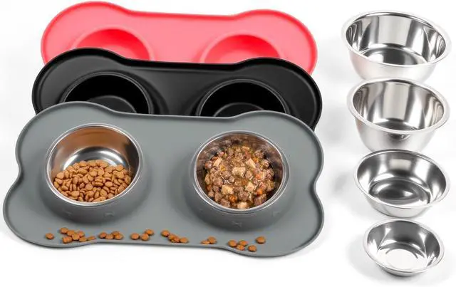 Main image of Conlun Dog Bowls with Silicone Mat, No Spill Stainless Set, XS, Grey | Food Water Dish Set, Rust-proof, Non-slip, Raised Edge Protects Floors, Dishwasher Safe, Foldable Storage, Ideal for RV Trips