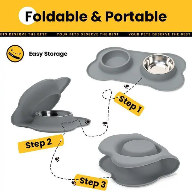 Alt view image 7 of 7 - Conlun Dog Bowls with Silicone Mat, No Spill Stainless Set, XS, Grey | Food Water Dish Set, Rust-proof, Non-slip, Raised Edge Protects Floors, Dishwasher Safe, Foldable Storage, Ideal for RV Trips