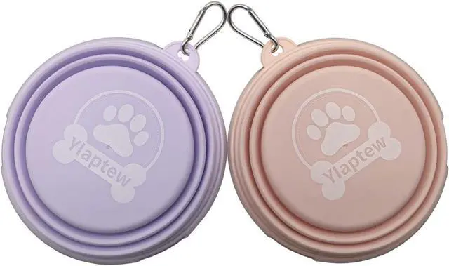 Alt view image 2 of 5 - Small Collapsible Dog Bowl 12oz,2 Pack Portable and Foldable Pet Travel Bowls with 2 Carabiners & Lids for Dogs Cats and Small Animals (Macaron Purple+Pink, 350ml)