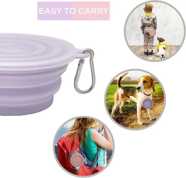 Alt view image 4 of 5 - Small Collapsible Dog Bowl 12oz,2 Pack Portable and Foldable Pet Travel Bowls with 2 Carabiners & Lids for Dogs Cats and Small Animals (Macaron Purple+Pink, 350ml)