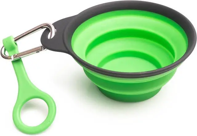 Main image of Travel Collapsible Dog Bowl Green, 12oz Portable Pet Feeder, 1 Carabineer, 100% Silicone, Foldable Expandable for Dog/Cat Food Water Feeding, Travel Bowl for Camping Walking Parking Traveling