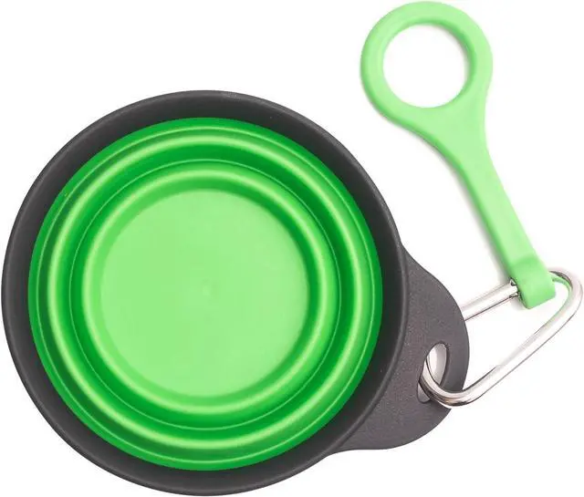 Alt view image 3 of 5 - Travel Collapsible Dog Bowl Green, 12oz Portable Pet Feeder, 1 Carabineer, 100% Silicone, Foldable Expandable for Dog/Cat Food Water Feeding, Travel Bowl for Camping Walking Parking Traveling