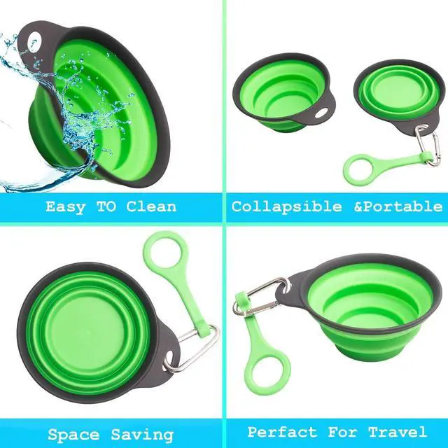 Alt view image 2 of 5 - Travel Collapsible Dog Bowl Green, 12oz Portable Pet Feeder, 1 Carabineer, 100% Silicone, Foldable Expandable for Dog/Cat Food Water Feeding, Travel Bowl for Camping Walking Parking Traveling