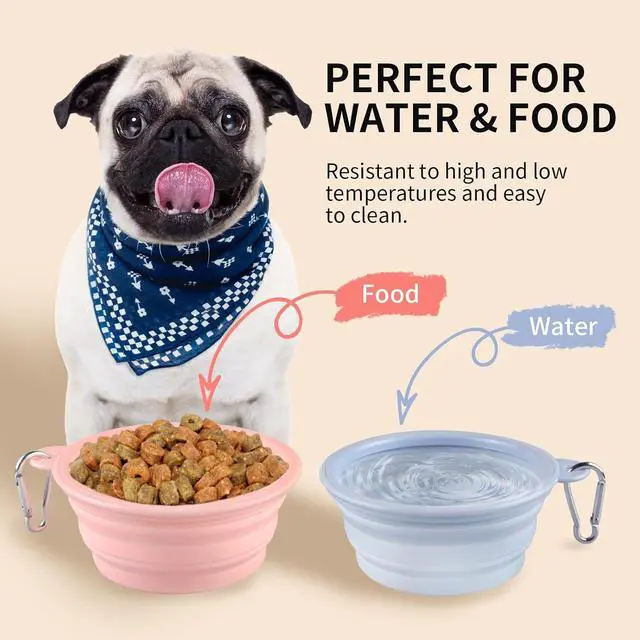 Alt view image 3 of 7 - Collapsible Dog Bowls 2-Pack, Portable Travel Dog Bowl with Carabiner, Food-Grade Silicone Pet Bowl for Hiking, Walking(Macaron Pink and Blue)
