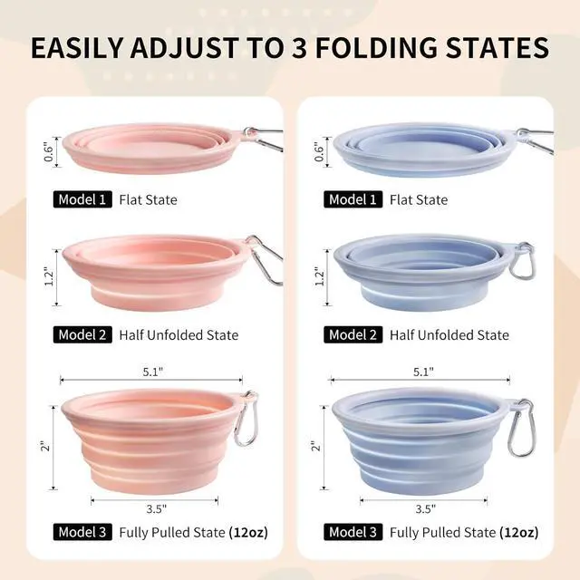 Alt view image 6 of 7 - Collapsible Dog Bowls 2-Pack, Portable Travel Dog Bowl with Carabiner, Food-Grade Silicone Pet Bowl for Hiking, Walking(Macaron Pink and Blue)