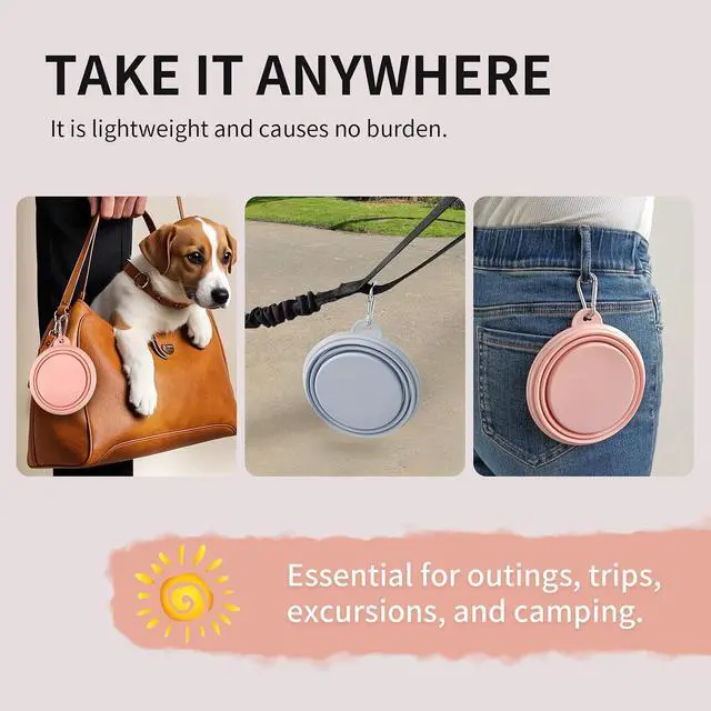Alt view image 5 of 7 - Collapsible Dog Bowls 2-Pack, Portable Travel Dog Bowl with Carabiner, Food-Grade Silicone Pet Bowl for Hiking, Walking(Macaron Pink and Blue)