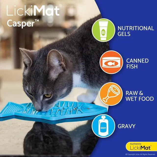 Alt view image 4 of 6 - LickiMat Casper, Fish-Shaped Cat Slow Feeders Lick Mat, Boredom Anxiety Reducer; Perfect for Food, Treats, Yogurt, or Peanut Butter. Fun Alternative to a Slow Feed Cat Bowl or Dish, Turquoise
