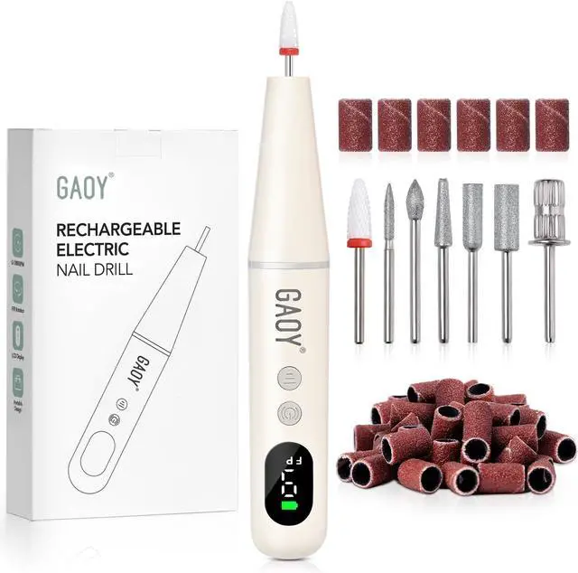 Main image of GAOY Cordless Nail Drill, Electric Nail File with LED Display, Milky White | Acrylic Gel Nails, Hand Feet Thick Nails Trimmer Buffer Tool, Lightweight Low-Noise, Gift for Women, Nail Art Beginner