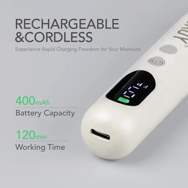 Alt view image 4 of 6 - GAOY Cordless Nail Drill, Electric Nail File with LED Display, Milky White | Acrylic Gel Nails, Hand Feet Thick Nails Trimmer Buffer Tool, Lightweight Low-Noise, Gift for Women, Nail Art Beginner