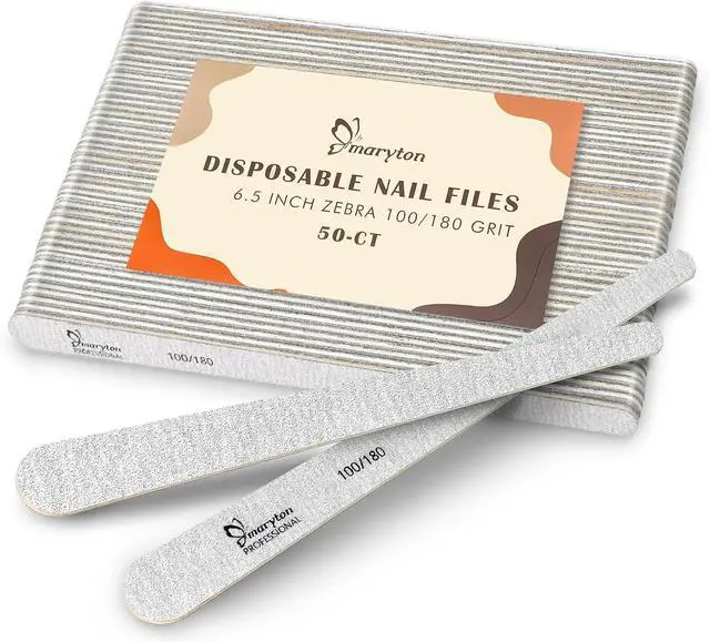 Main image of Maryton Disposable Professional Nail Files, 100/180 Grit, 50PCS | 6.5x 0.5, Tapered Shape, Thin Emery Boards for Nails, Salon Grade, Manicure Pedicure Tools