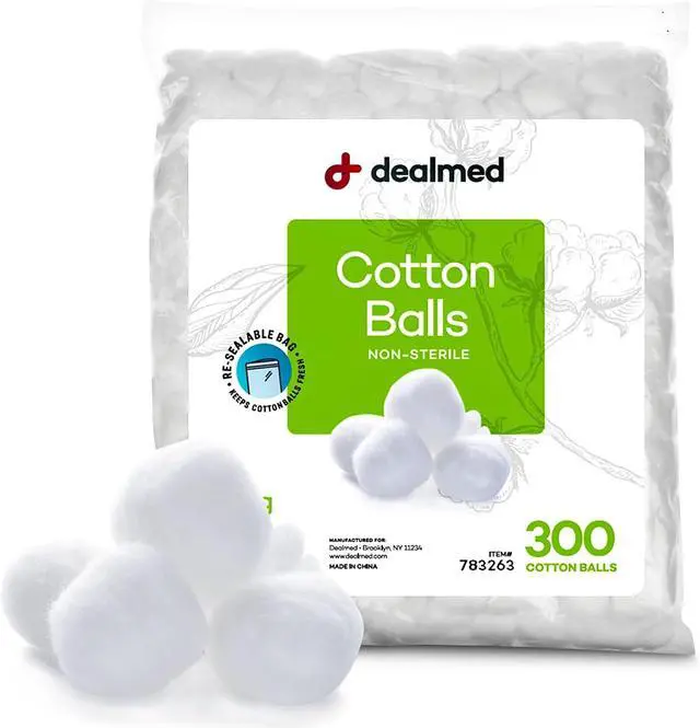 Main image of Dealmed Cotton Balls - Soft, Absorbent, Zip-Lock Bag - 300 Count | 100% Pure Material, Non-Sterile, Round Shape, White, Dye Free, Perfume Free, For Makeup Removal, Wound Care, 7200 Per Case