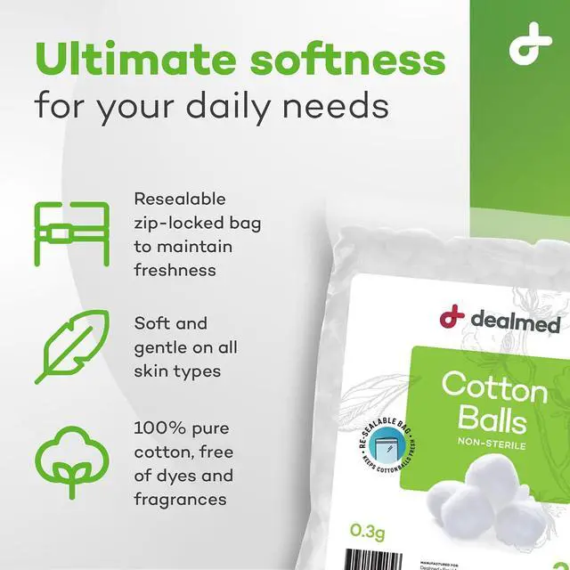 Alt view image 2 of 7 - Dealmed Cotton Balls - Soft Medical Cotton Balls - 500 Count | 100% Pure, Non Sterile, Round Shape, White, Highly Absorbent, Resealable Zip Bag, Makeup Removal, Wound Care, Craft Use