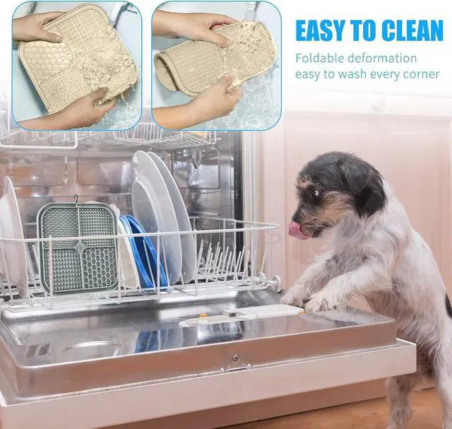 Alt view image 6 of 6 - Lick Mat for Dogs, Premium Lick Pad with Suction Cups for Dog Anxiety Relief, Slow Feeder Dog Bowls, Bathing, Grooming and Training (Beige, Grey, 2pack)