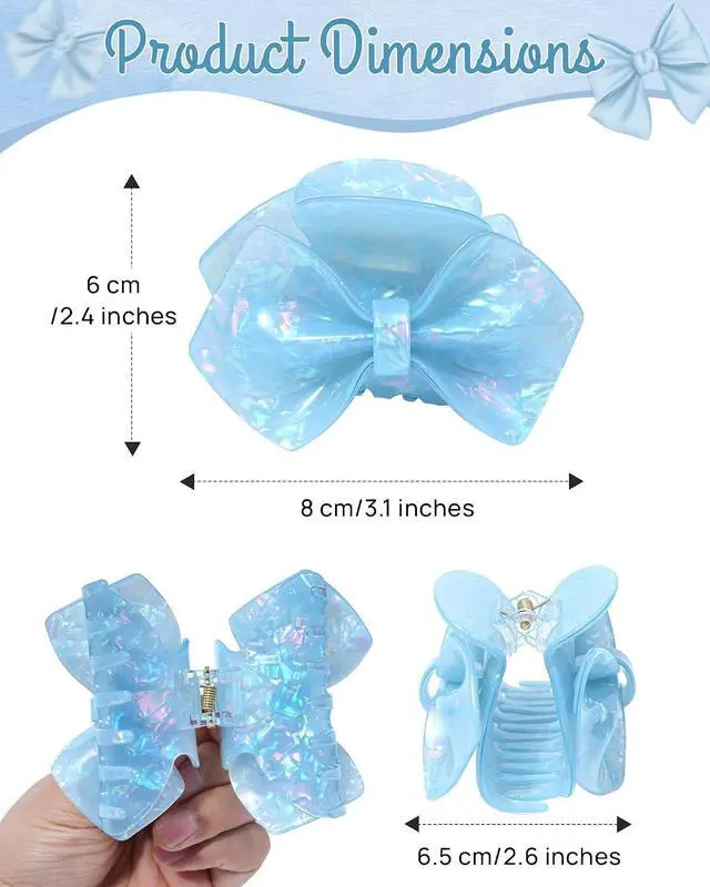 Alt view image 3 of 6 - ACECHA Cute Bow Claw Clip - Sparkly Hair Claws for Women, Strong Hold | 3.1 inch medium clip, elegant acrylic bow, non-slip clip for thin & thick hair, ideal for wedding prom party daily use, blue