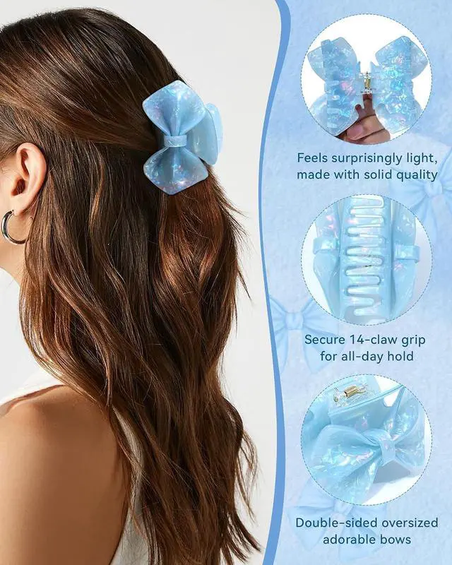 Alt view image 4 of 6 - ACECHA Cute Bow Claw Clip - Sparkly Hair Claws for Women, Strong Hold | 3.1 inch medium clip, elegant acrylic bow, non-slip clip for thin & thick hair, ideal for wedding prom party daily use, blue