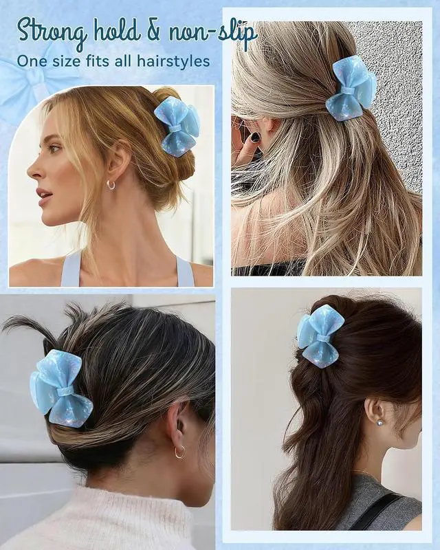 Alt view image 5 of 6 - ACECHA Cute Bow Claw Clip - Sparkly Hair Claws for Women, Strong Hold | 3.1 inch medium clip, elegant acrylic bow, non-slip clip for thin & thick hair, ideal for wedding prom party daily use, blue