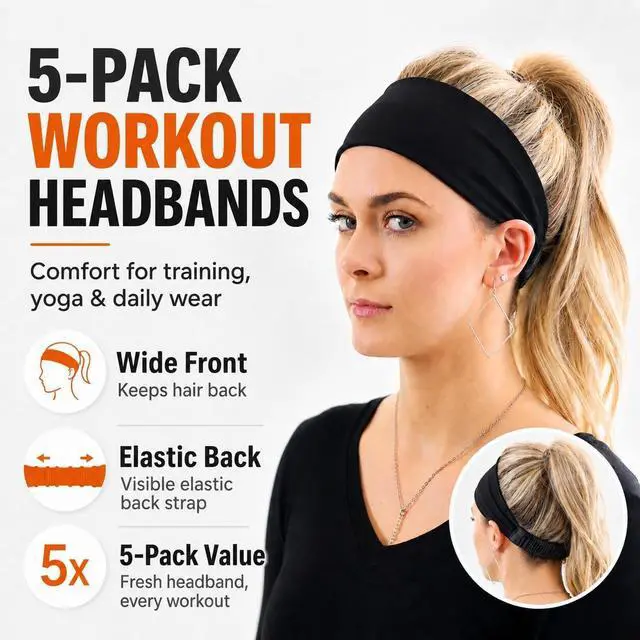 Alt view image 2 of 7 - 5 Pack Wide Workout Headbands for Women, Soft Stretch Sweat Headbands with Elastic Back for Running, Yoga, Gym, Fitness & Daily Wear