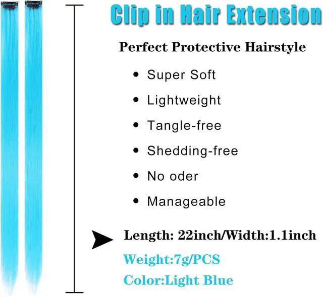 Alt view image 3 of 6 - 12PCS Colored Sky Blue Hair Extensions 22 Inch | Colorful Clip in Hair Extensions Straight Synthetic Hairpieces for Women Kids Girls Halloween Christmas Cosplay