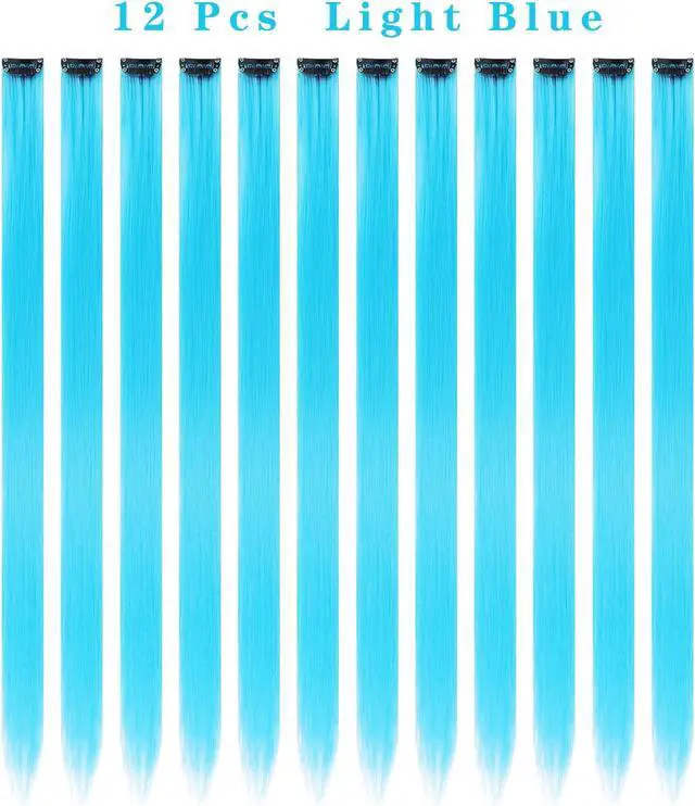 Alt view image 4 of 6 - 12PCS Colored Sky Blue Hair Extensions 22 Inch | Colorful Clip in Hair Extensions Straight Synthetic Hairpieces for Women Kids Girls Halloween Christmas Cosplay