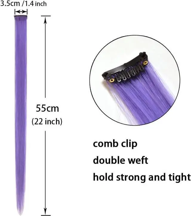 Alt view image 2 of 6 - 10 Pcs Colored Clip in Hair Extensions - 22 Inch Straight Synthetic Colored Hairpieces for Women Kids Girls | Party Highlights (Purple)