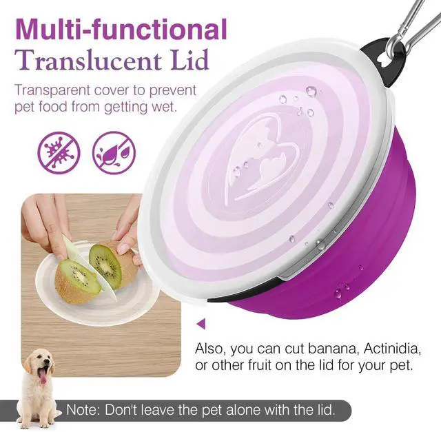 Alt view image 2 of 7 - Pawaboo Collapsible Travel Dog Bowls 2 Pack with Lids&Carabiners Silicone | Feeding Watering Bowls for Dogs Cats, Collapsable Water Feeder Food Bowl for Walking Traveling Home Use,Pink + Purple