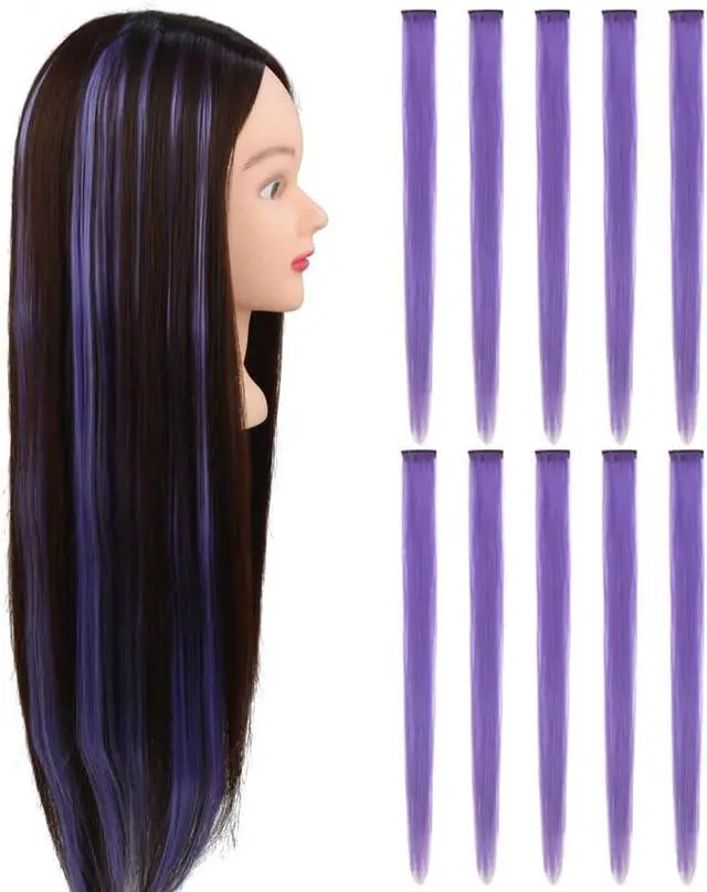 Alt view image 6 of 6 - 10 Pcs Colored Clip in Hair Extensions - 22 Inch Straight Synthetic Colored Hairpieces for Women Kids Girls | Party Highlights (Purple)
