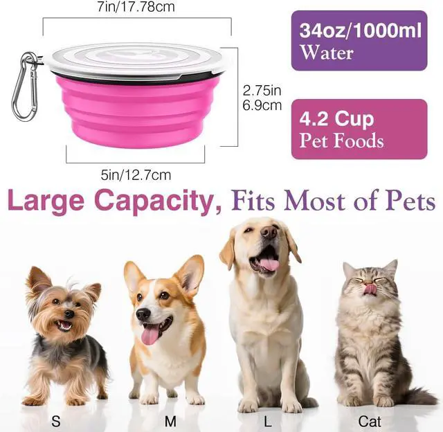 Alt view image 4 of 7 - Pawaboo Collapsible Travel Dog Bowls 2 Pack with Lids&Carabiners Silicone | Feeding Watering Bowls for Dogs Cats, Collapsable Water Feeder Food Bowl for Walking Traveling Home Use,Pink + Purple